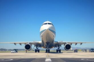 Utasszállító repülőgép a repülőtéren, kék égbolttal