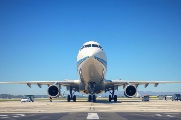 Utasszállító repülőgép a repülőtéren, kék égbolttal