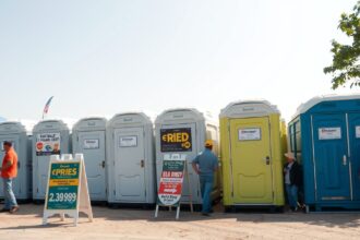 Mobil WC-k egy rendezvényen, bérlés iránt érdeklődőkkel