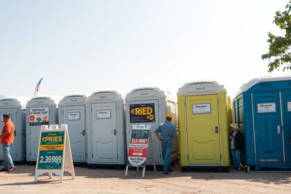 Mobil WC-k egy rendezvényen, bérlés iránt érdeklődőkkel