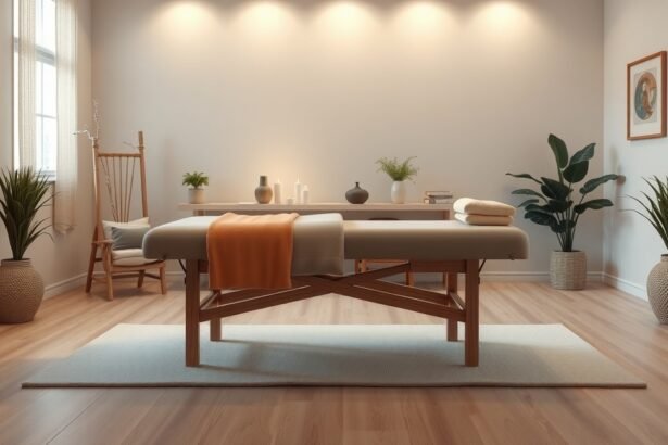 Kineziológiai kezelésre előkészített masszázságy egy modern terápiás szobában.