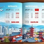 Japán utazás költségeit bemutató grafika repülőgépekkel és templomokkal.