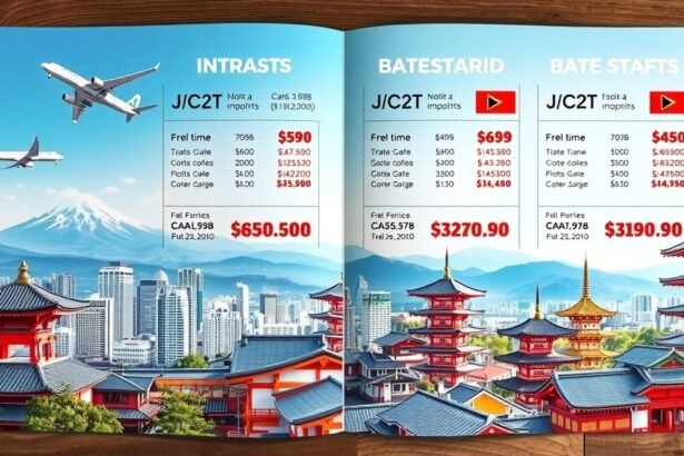 Japán utazás költségeit bemutató grafika repülőgépekkel és templomokkal.