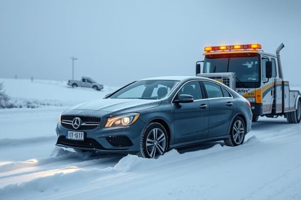 Téli autómentés lefényképezve egy hóval borított úton.