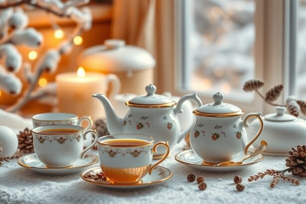 Elegáns téakészlet télies környezetben, hagyományos stílusban.