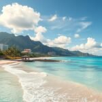 Gyönyörű hawaii tengerpart és hegyek látképe