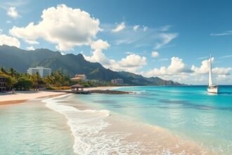 Gyönyörű hawaii tengerpart és hegyek látképe