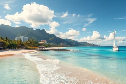 Gyönyörű hawaii tengerpart és hegyek látképe