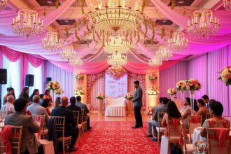 Névadó ünnepség dekorált helyszín, virágokkal és csillárokkal.