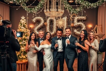 Csoportos szilveszteri fénykép egy ünnepi rendezvényen.
