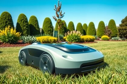 Modern robotfűnyíró a kertben, zöld fű és színes növények között