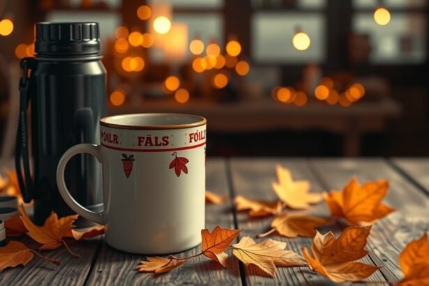 Szezonális bögre és termosz őszi levelekkel