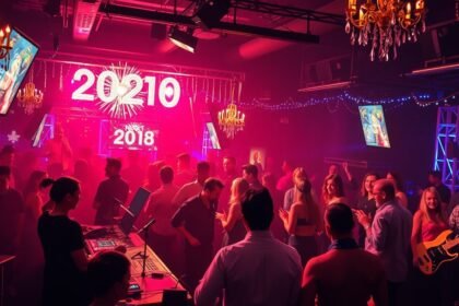 Szilveszteri buli DJ-vel és zenészekkel, csillogó fények és pezsgő hangulat.