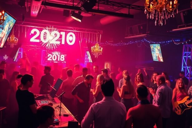 Szilveszteri buli DJ-vel és zenészekkel, csillogó fények és pezsgő hangulat.