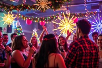 Karaoke este baráti társasággal szilveszterkor, ünnepi dekorációval.