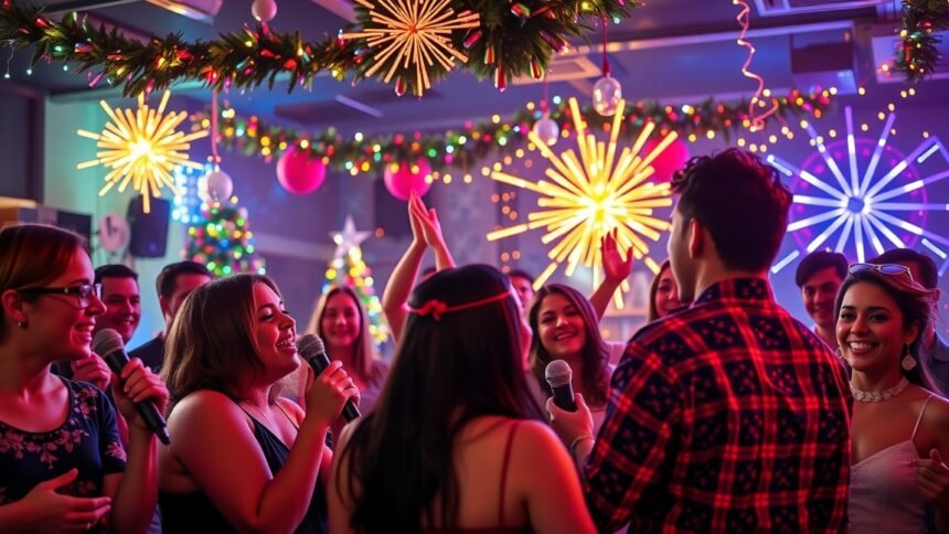 Karaoke este baráti társasággal szilveszterkor, ünnepi dekorációval.