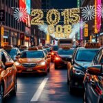 Szilveszteri taxisor a város szívében, fényekkel díszítve