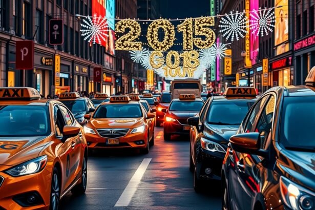 Szilveszteri taxisor a város szívében, fényekkel díszítve