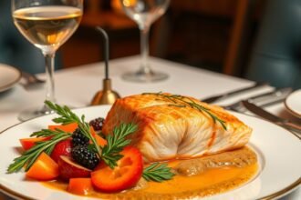 Elegáns ünnepi lazacos fogás friss zöldségekkel és gyümölcsökkel tálalva