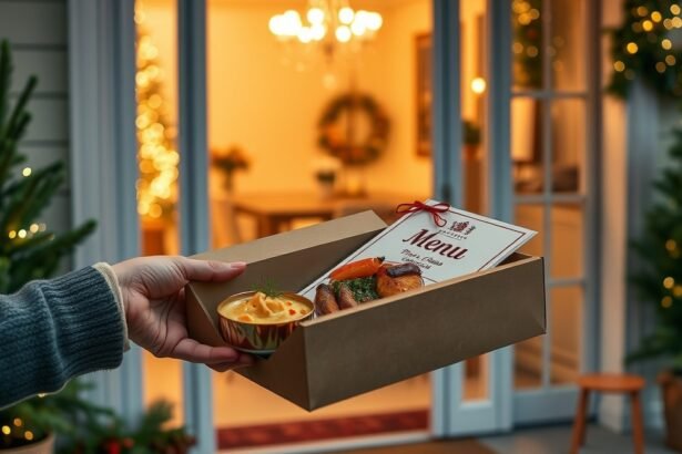 Házhoz rendelhető ünnepi menü doboz karácsonyi dekorációval.
