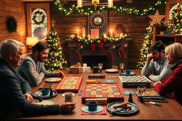 Ünnepi társasjáték est barátokkal egy díszített szobában