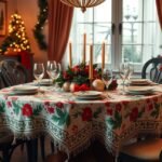 Elegáns ünnepi terítő és asztaldísz karácsonyi dekorációval.