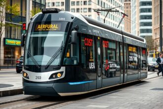 Modern villamos a városban, közlekedés és tömegközlekedés