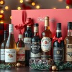 Stílusos ünnepi italcsomag különböző borokkal és díszítéssel.