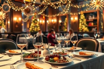Elegáns étterem díszítése szilveszteri vacsorához, ünnepi hangulatban.