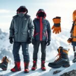 Téli túrafelszerelés szett, beleértve kabátot, bakancsot, kesztyűt és hátizsákot.