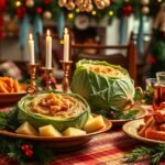 Hagyományos töltött káposzta karácsonyi ünnepi asztalon.