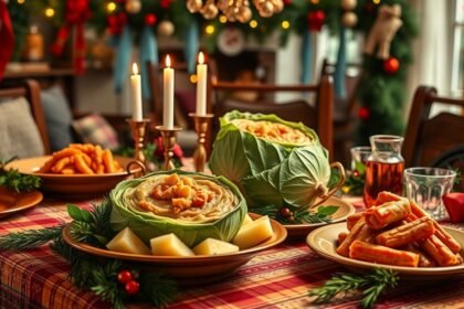 Hagyományos töltött káposzta karácsonyi ünnepi asztalon.