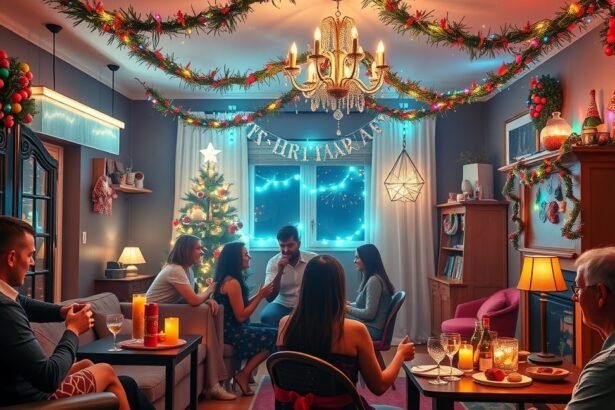 Szilveszteri házibuli barátokkal vidám dekorációval.
