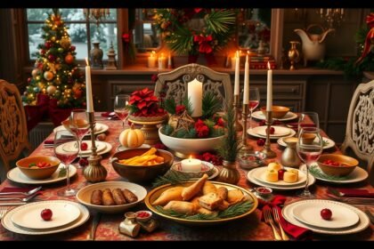 Ünnepi asztal terítése, karácsonyi hangulattal.