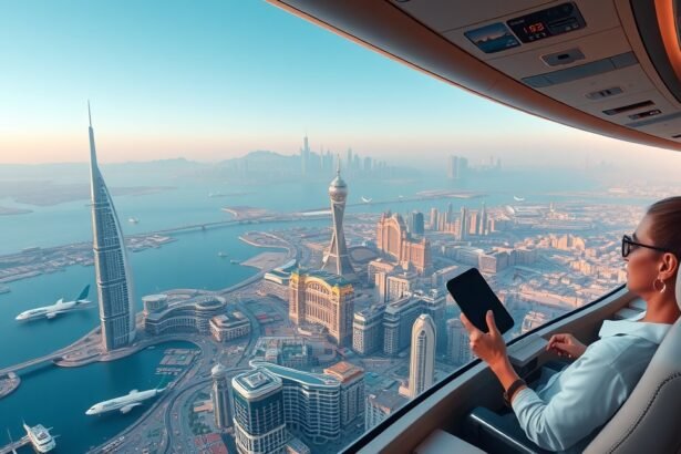 Nő repülőgépen ülve nézi Dubaj városát.