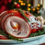 Karácsonyi sonka szépen tálalva ünnepi asztalon