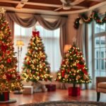 Ünnepi fotózási helyszín karácsonyi dekorációval és fenyőfákkal