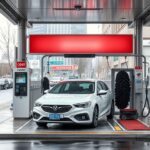 Önkiszolgáló autómosás állomás, ahol a felnőttek autókat mosnak.