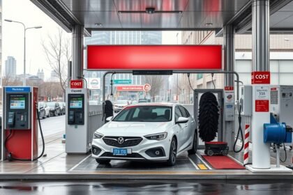 Önkiszolgáló autómosás állomás, ahol a felnőttek autókat mosnak.