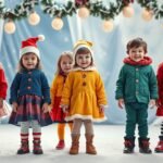 Gyerekek ünnepi ruhákban karácsonyi dekorációval körülvéve