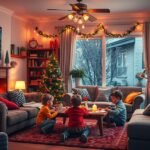 Gyerekek játszanak szilveszteri dekorációval díszített nappaliban.