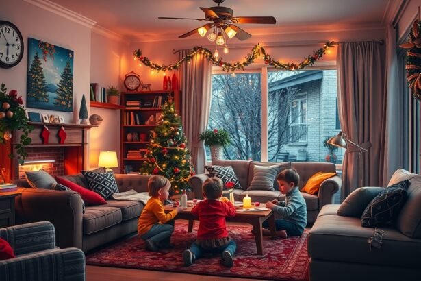 Gyerekek játszanak szilveszteri dekorációval díszített nappaliban.