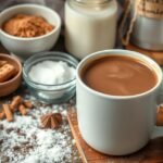 Friss, házi készítésű forró csokoládé hozzávalói az asztalon.