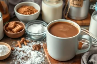 Friss, házi készítésű forró csokoládé hozzávalói az asztalon.