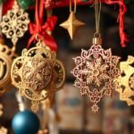 Kézműves szilveszteri díszek arany és piros színekben, ünnepi dekorációk.