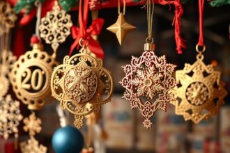 Kézműves szilveszteri díszek arany és piros színekben, ünnepi dekorációk.