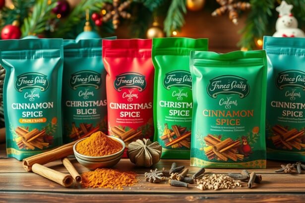 Karácsonyi fűszerkeverékek elegáns csomagolásban az ünnepi italokhoz.