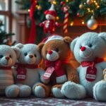 Karácsonyi plüssfigurák a karácsonyfa mellett, ünnepi dekoráció.