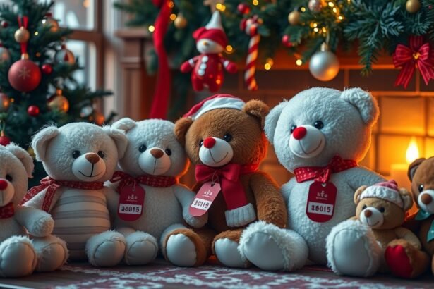 Karácsonyi plüssfigurák a karácsonyfa mellett, ünnepi dekoráció.