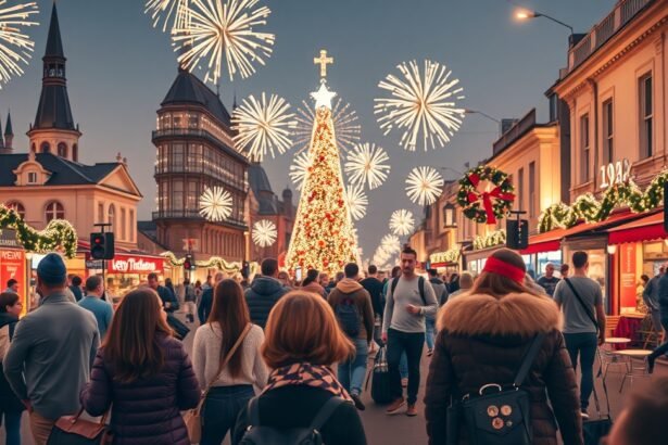Népszerű város ünnepi díszítése és újévi tűzijáték